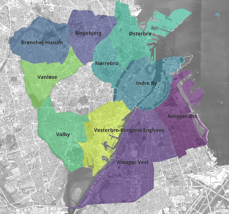 OrtoFoto over Copenhagen with the 10 districts drawn as polygons